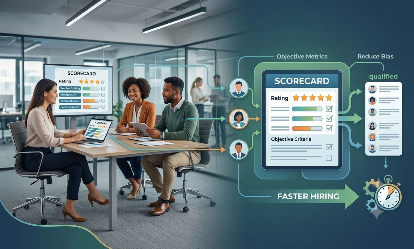 Recruiters and hiring managers using standardized candidate evaluation software with structured interview scorecards, interview panel coordination, candidate assessment rubrics, automated feedback collection, interviewer calibration, and bias reduction tools