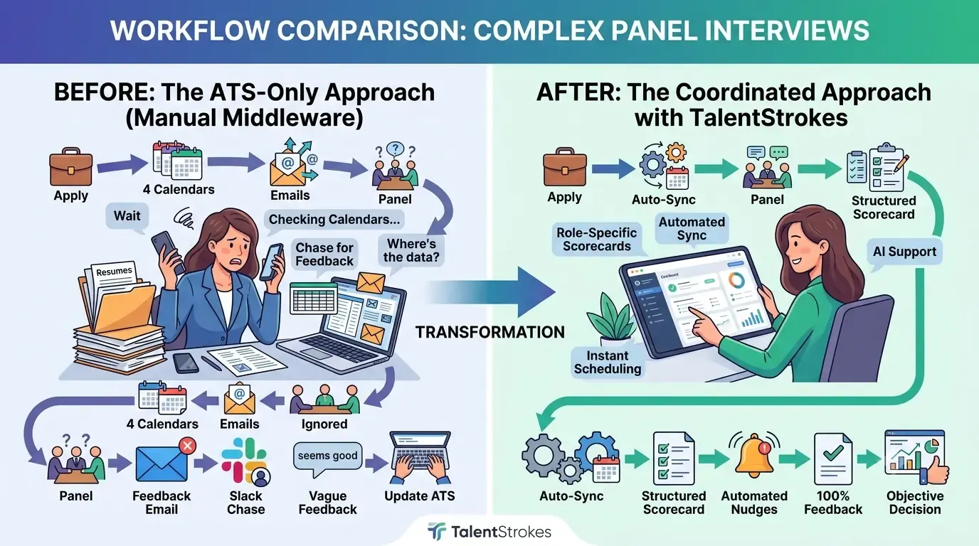 Recruiters and hiring managers coordinating complex panel interviews using interview scheduling software with real-time calendar syncing, automated interview scheduling, structured evaluation scorecards, interview feedback automation, multi-person calendar coordination, AI-powered recruitment tools, panel interview management dashboard, candidate assessment framework, hiring workflow automation, interviewer collaboration platform, recruitment analytics dashboard, and talent acquisition technology
